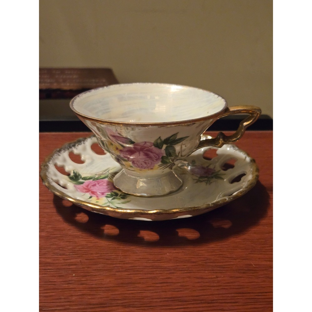 Vintage Lusterware Tea Cup and Saucer Iridescent Floral Gold Trim Reticulated